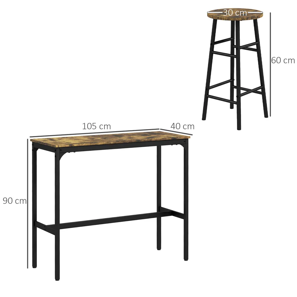 HOMCOM Ensemble table de bar et 2 tabourets style industriel brun noir