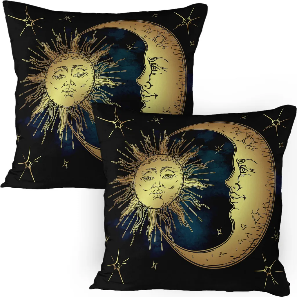 ABAKUHAUS Federa psichedelica Confezione da 2, Luna Stelle Sole Stile retrò, Federa decorativa stampata, 80x80 cm, Blu petrolio Giallo