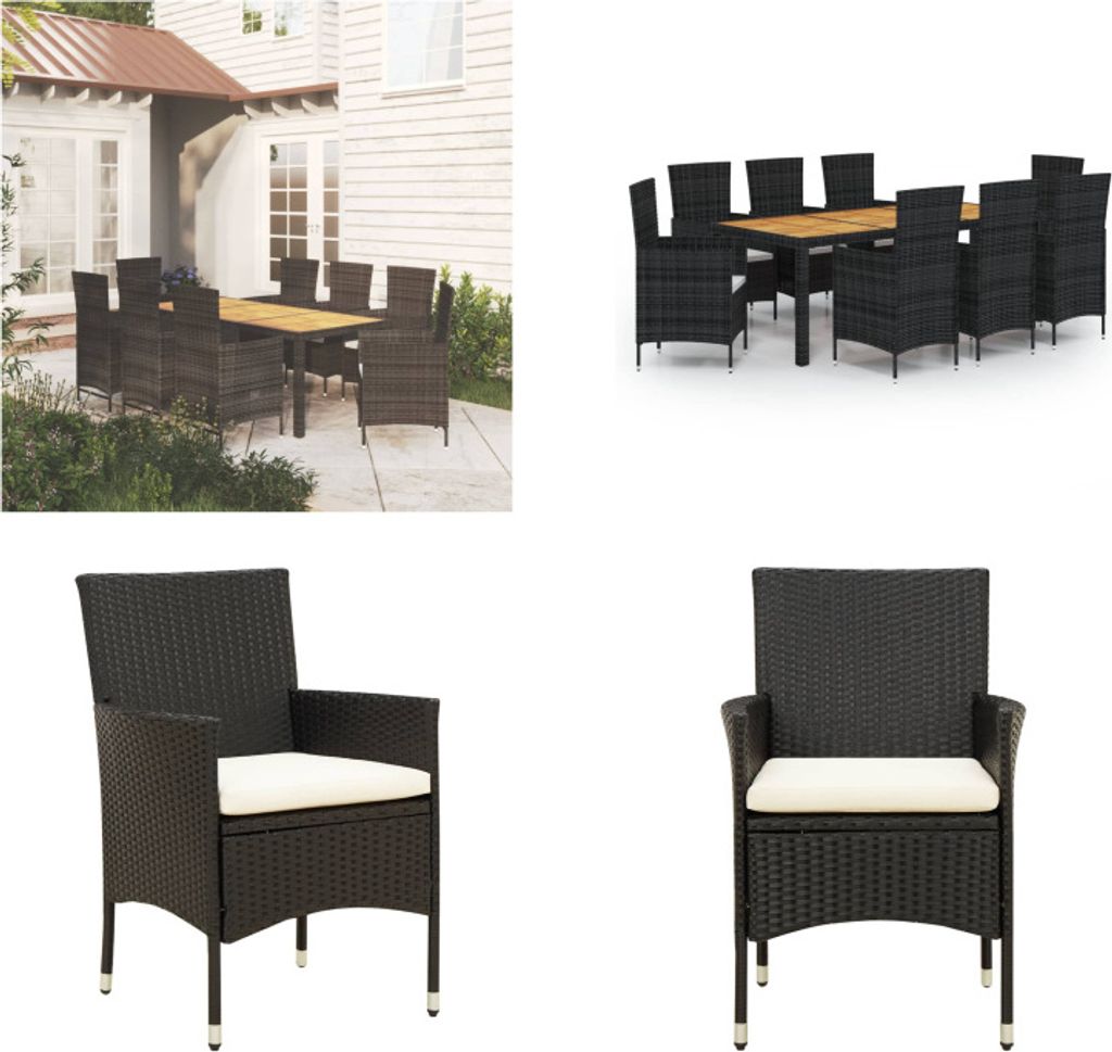 vidaXL 9 tlg. Garten Essgruppe mit Kissen Poly Rattan Schwarz - Garten Essgruppe - Garten Essgruppen - Outdoor Essgruppe - Essgruppe