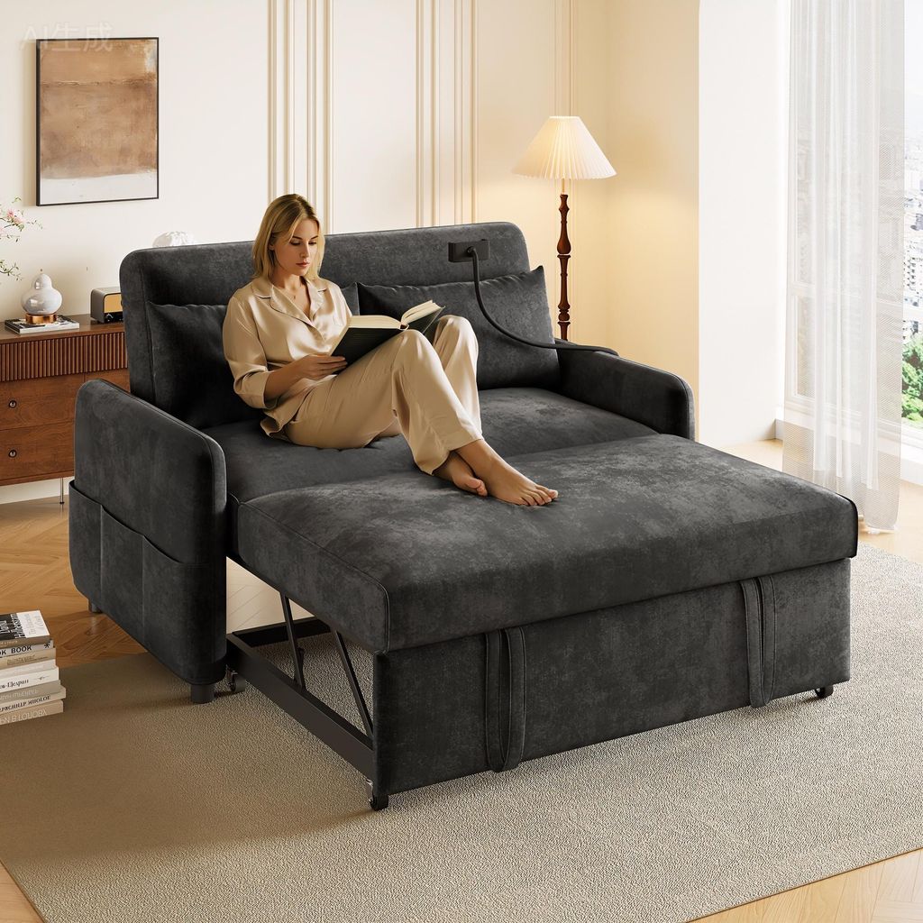 Modernes Doppel-Klappschlafsofa – Multifunktionssofa mit Schlaffunktion, verstellbarer Rückenlehne, Handyhalter & USB-Ladeanschluss