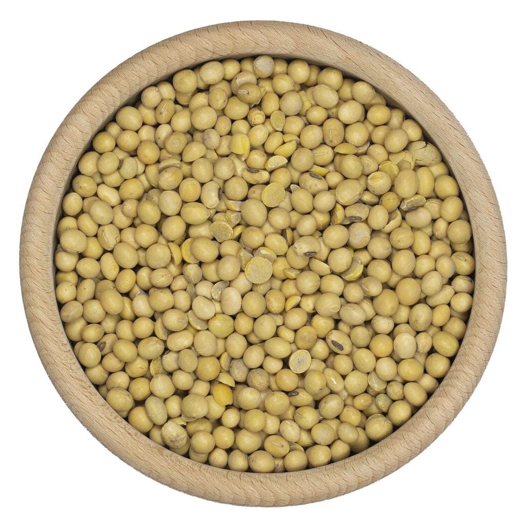 A top-down view of soybeans in a wooden bowl.