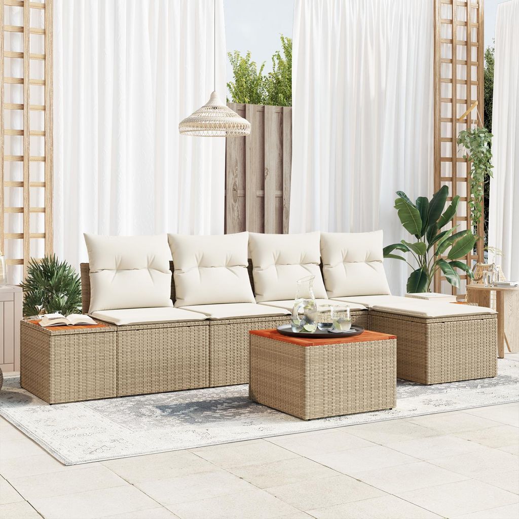 Best Möbel Gartenlounge Set 6-teiliges Garten Sofa Set mit Kissen Beige Poly Rattan Akazie - Terassenmöbel Gartenmöbel CHY5279723