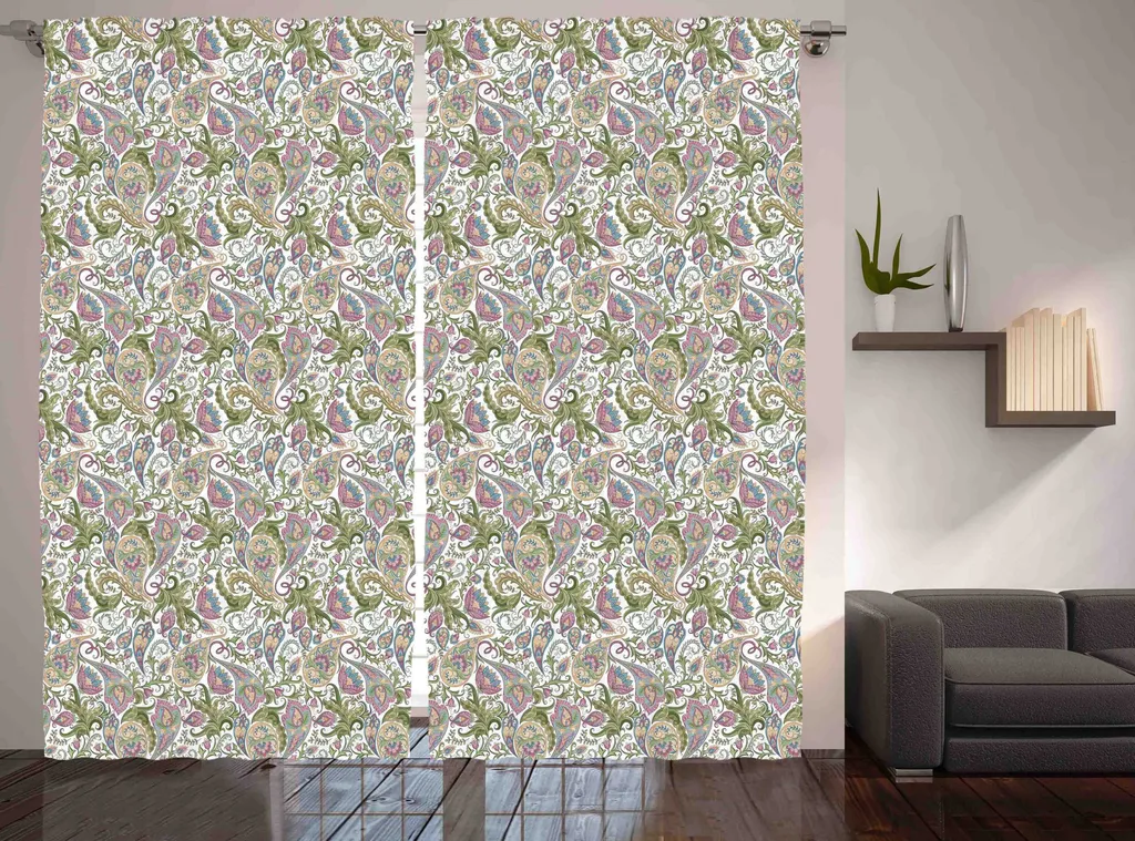 Rideau de Chambre à Fronces Motif Persan Vintage 280 x 225 cm Vert Brun