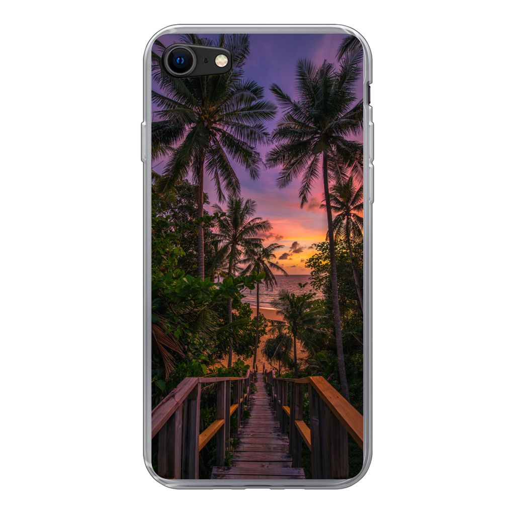 MuchoWow Handyhülle Schutzhülle Hülle für iPhone 7 Sonnenuntergang - Palmen - Strand Silikon Softcase Handy Hülle - Kartenhalter