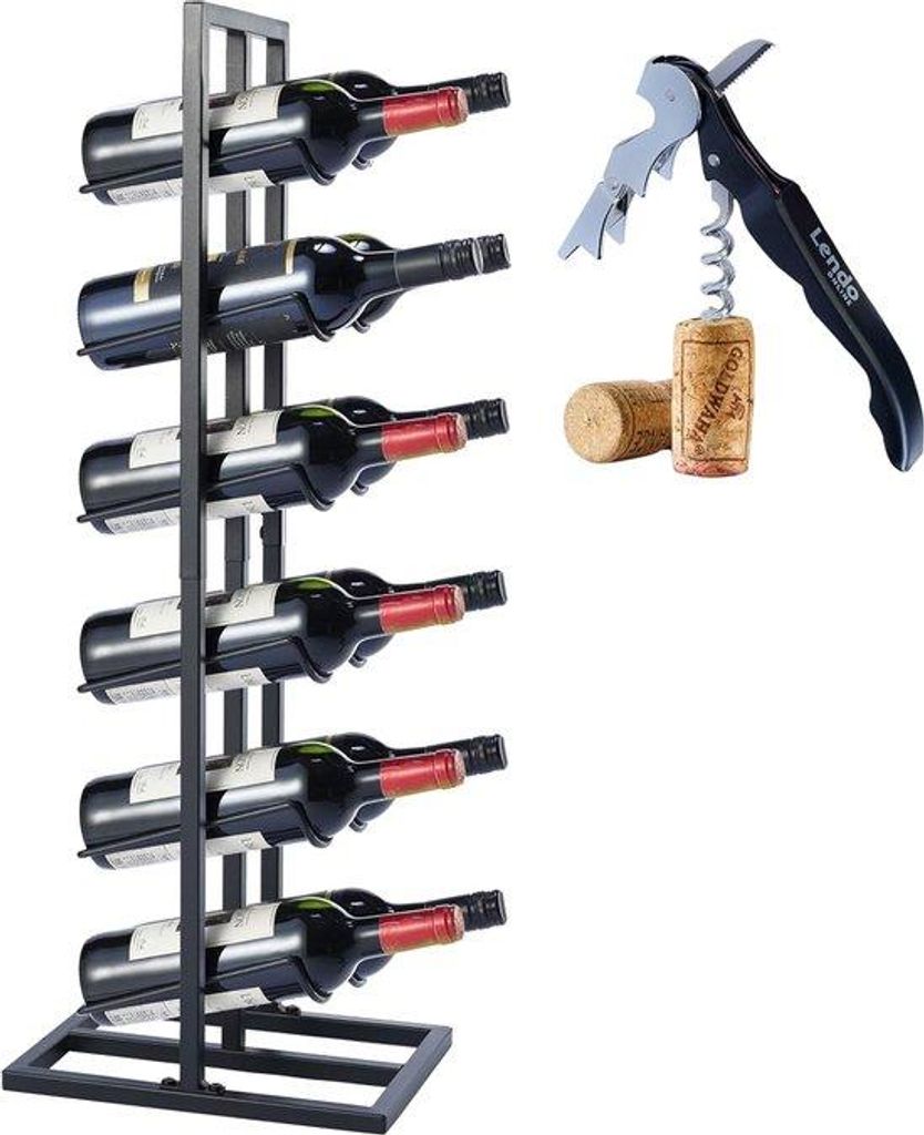 Wijnregal für 6 oder 12 Flaschen - Weinregal - Weinflaschenhalter - Weinlagerung mit Korkenzieher Schwarze Pulverbeschichtung Metall Stahlflaschen...