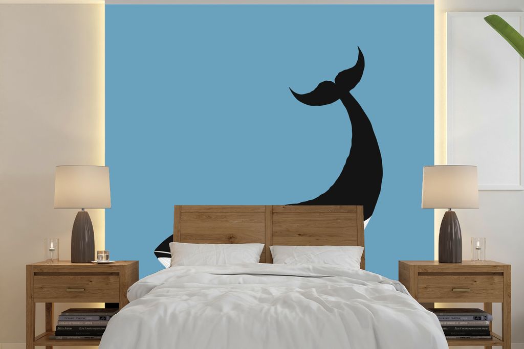 MuchoWow Fototapete für Wohnzimmer oder Schlafzimmer Wandtapete Vinyl Motivtapete Eine Illustration eines Wals auf blauem Hintergrund - 240x240 ...