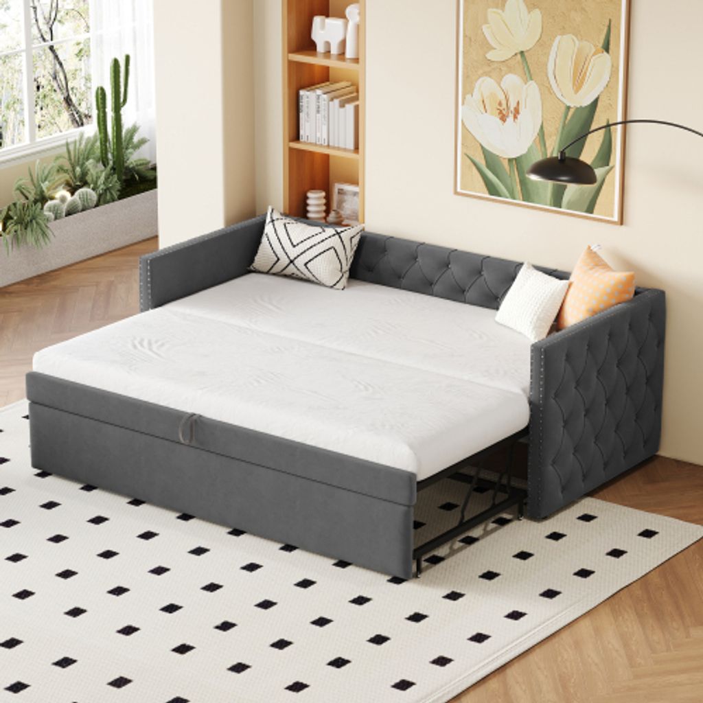 STILVORA Ausziehbares Schlafsofa 90x200cm/180x200 Tagesbett Kinderbett mit Lattenrost aus Holz,Klassische Vollform mit Knöpfen, mit Matratze,Grau(...
