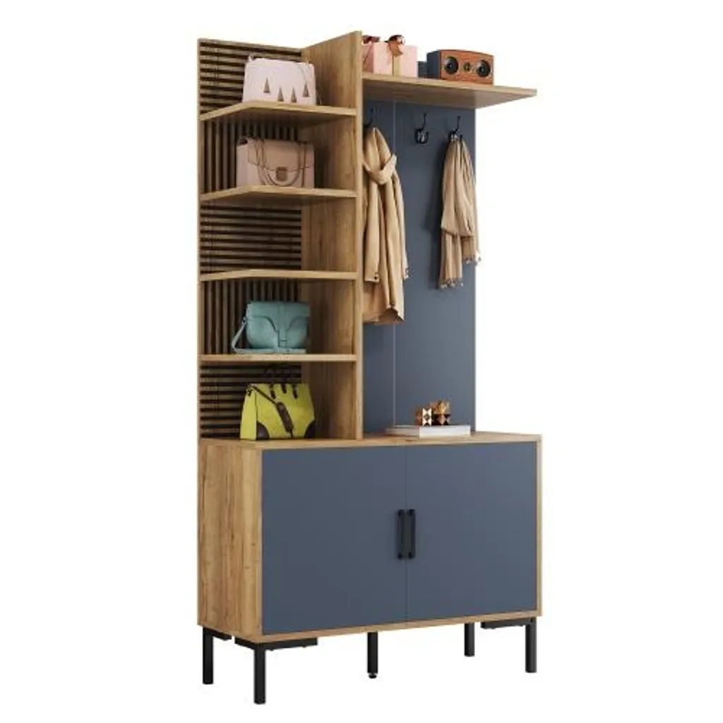 Meuble d'entrée noir et bois 100 cm AIORBER avec étagère à chaussures