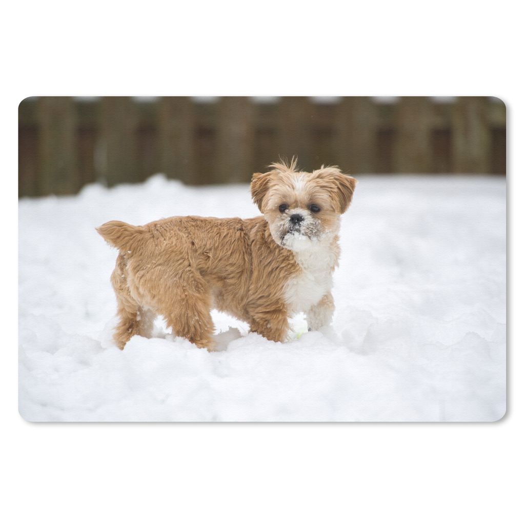MuchoWow Schreibtischunterlage Shih Tzu Hund spielt im Schnee 60x40 cm - XXL Mauspad - Großes Mauspad