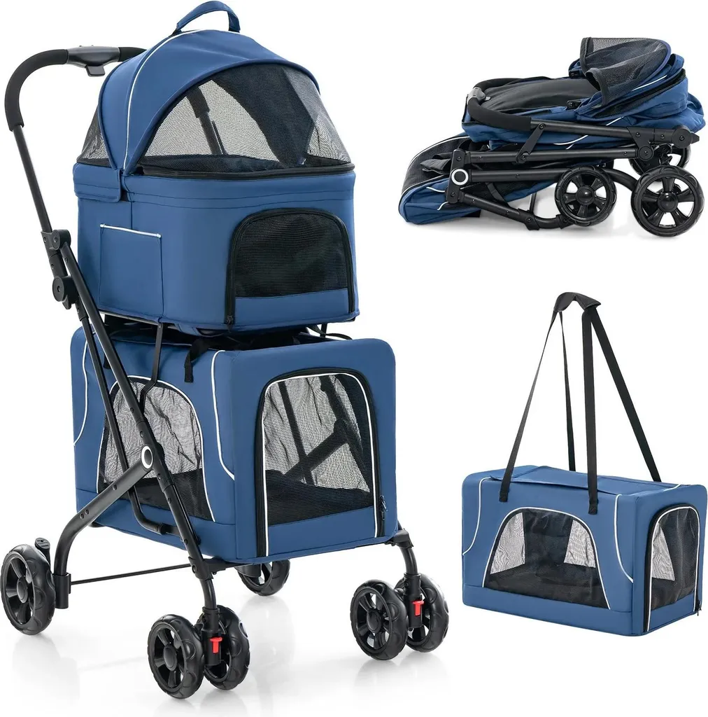 Poussette animaux 2 niveaux en métal et tissu Oxford bleu charge 16kg