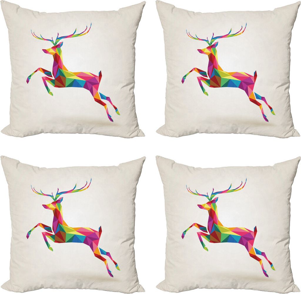 ABAKUHAUS Rentier Kissenbezug Set (4 Stück), Bunte Fractal Deer, Moderner Doppelseitiger Digitaldruck, 60 cm x 60 cm, Mehrfarbig