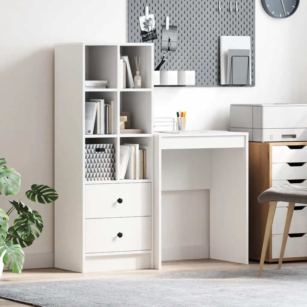 vidaXL Bureau à tiroirs avec étagère, ensemble 2 pièces blanc élégant