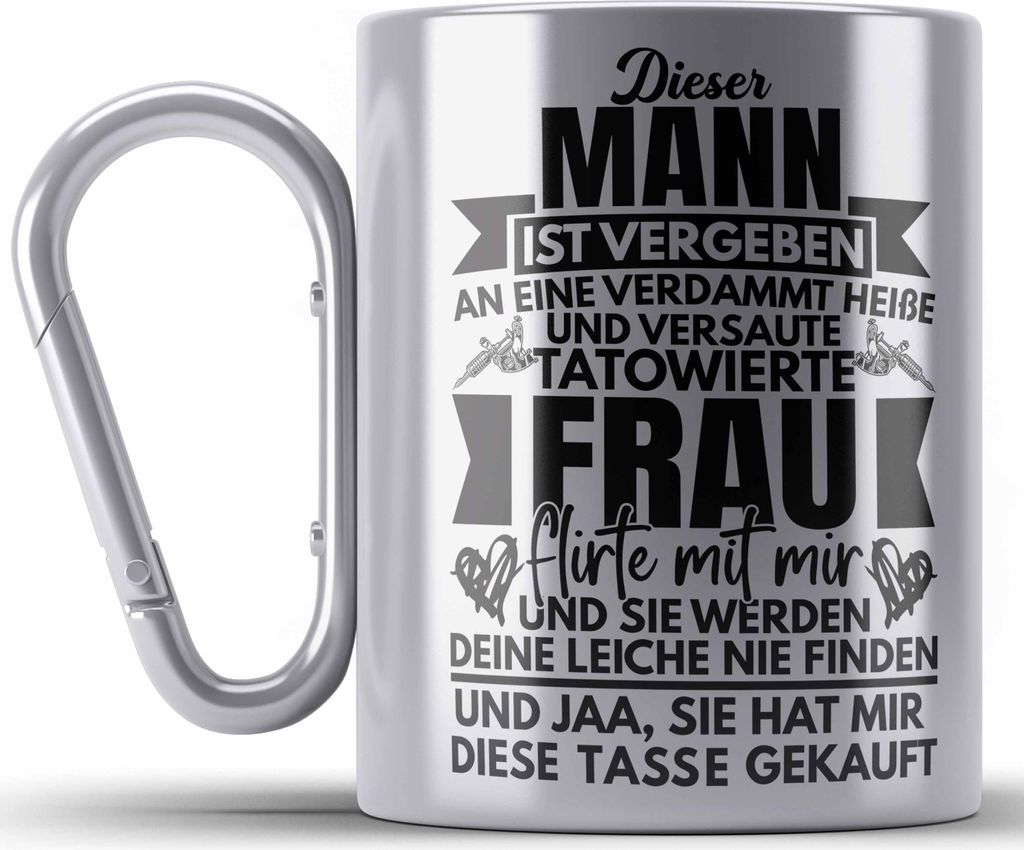Trendation - Dieser Mann Ist Vergeben Tatowierte Frau Edelstahl Tasse Karabiner Geschenk Für Freund Mann Lustiger Spruch Valentinstag (Silber)