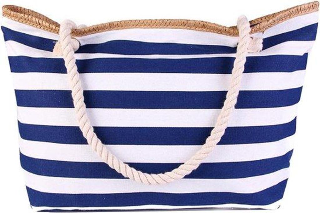 Beach-Tasche mit Klett-Schließer und Streifen - Grosse Kapazitäts-Tasche in Strand-Stil für Ferien, Reisen und Einkaufs-Touren