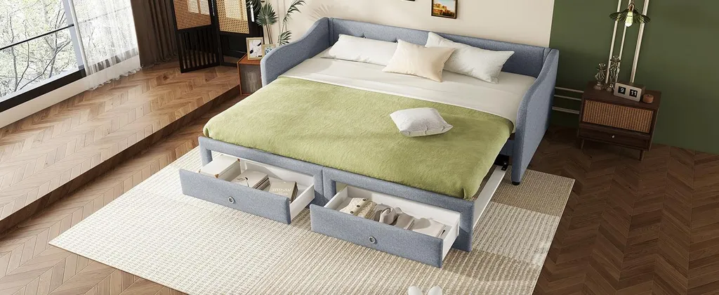 Lit Gigogne 90x200cm Tissu Gris 2 Tiroirs pour Gain de Place Malin