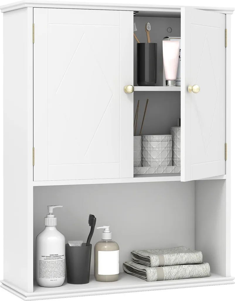 COSTWAY Mobile pensile da bagno, mobile da bagno con 2 ante, ripiano aperto e scaffale, mobile da bagno, armadio a muro per bagno, cucina, 60x21x75 cm, bianco