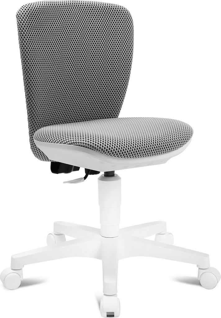 A white office chair with a gray mesh seat and back.