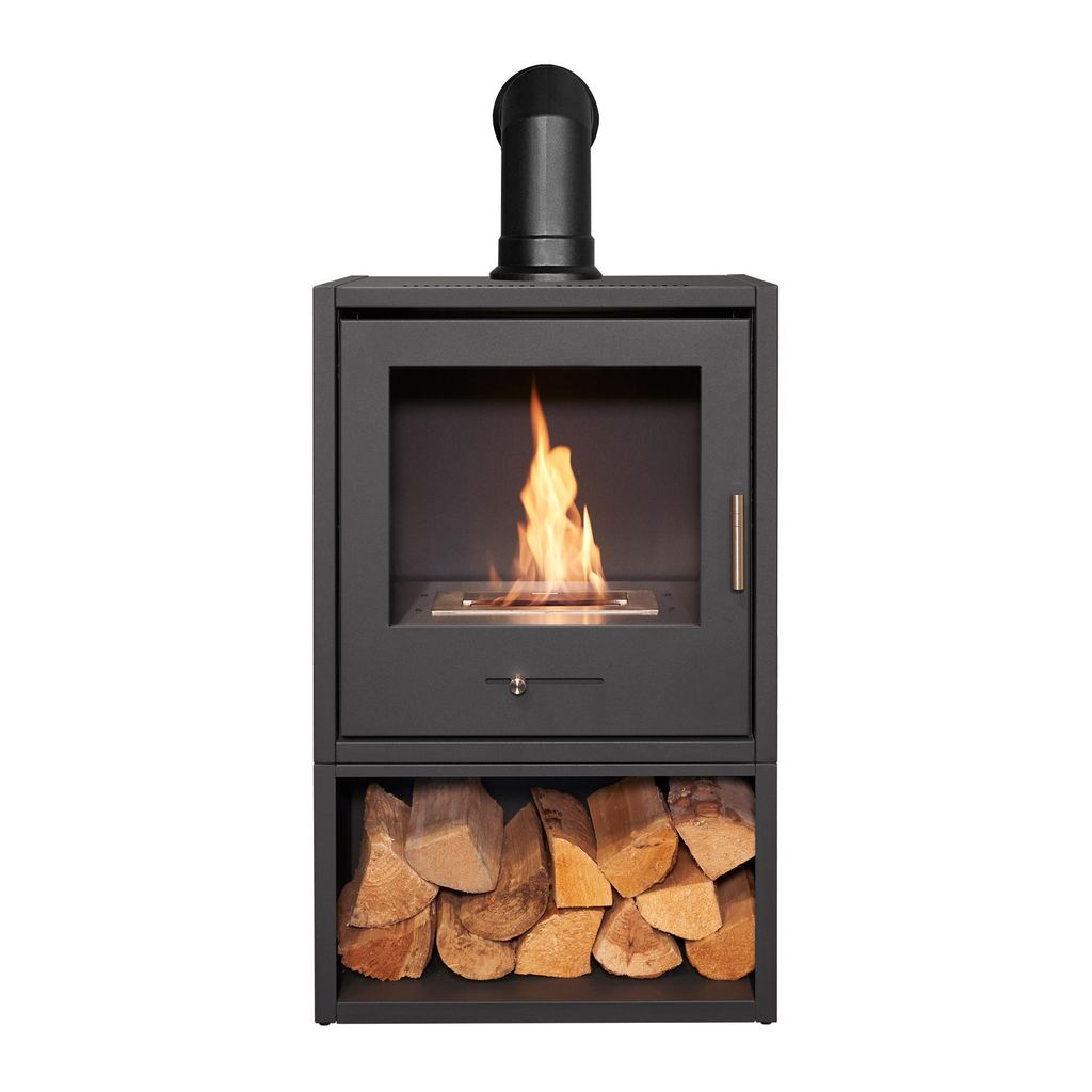 OKO S3 Bioethanol-Kamin mit Holzlager in Anthrazitgrau & schrägem Ofenrohr