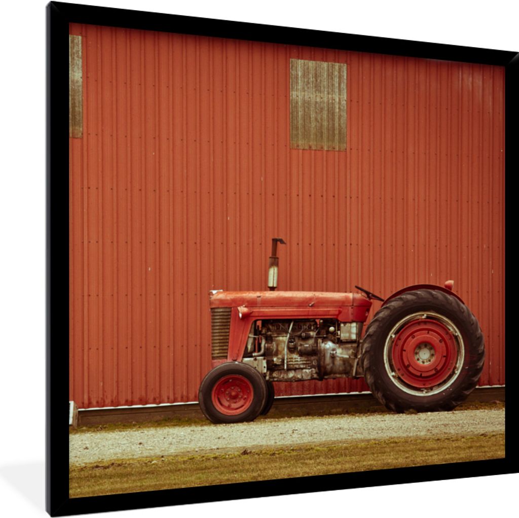 MuchoWow Gerahmtes Poster Traktor - Scheune - Rot - Bauernhof 40x40 cm - Poster mit Schwarzem Bilderrahmen Wandposter Rahmen Foto Bilder - Mit Ra...