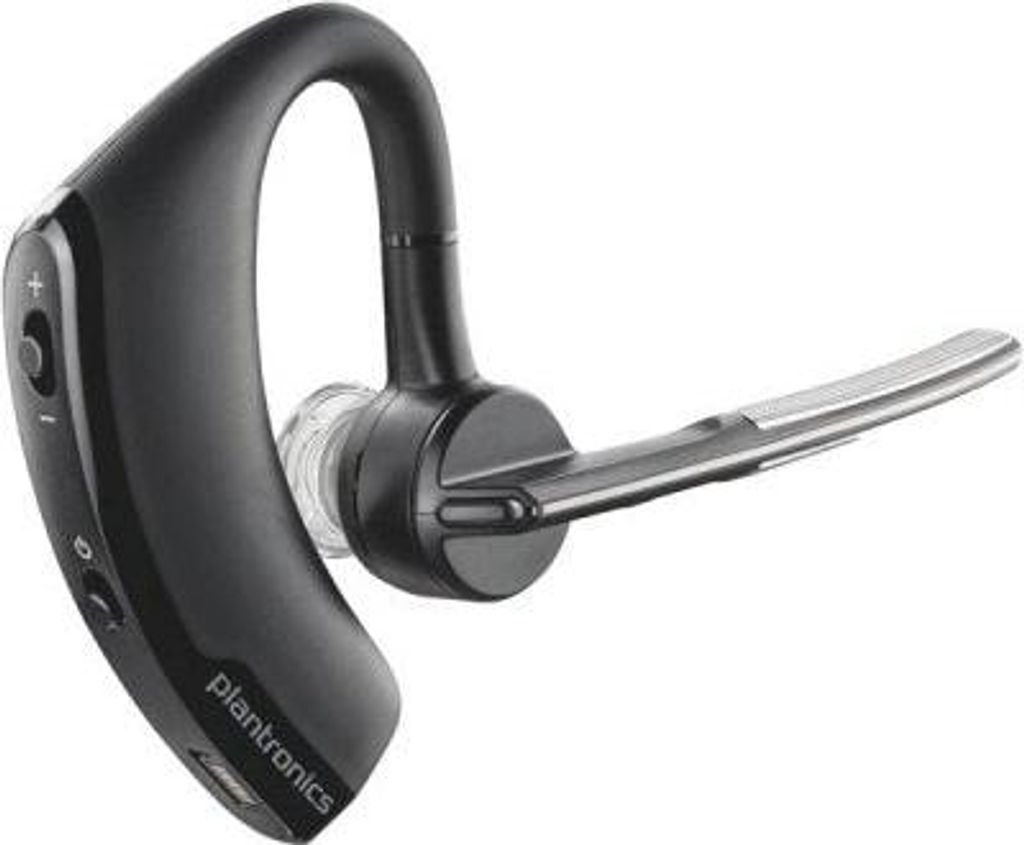 A black Plantronics Voyager Legend Bluetooth headset is shown against a white background.