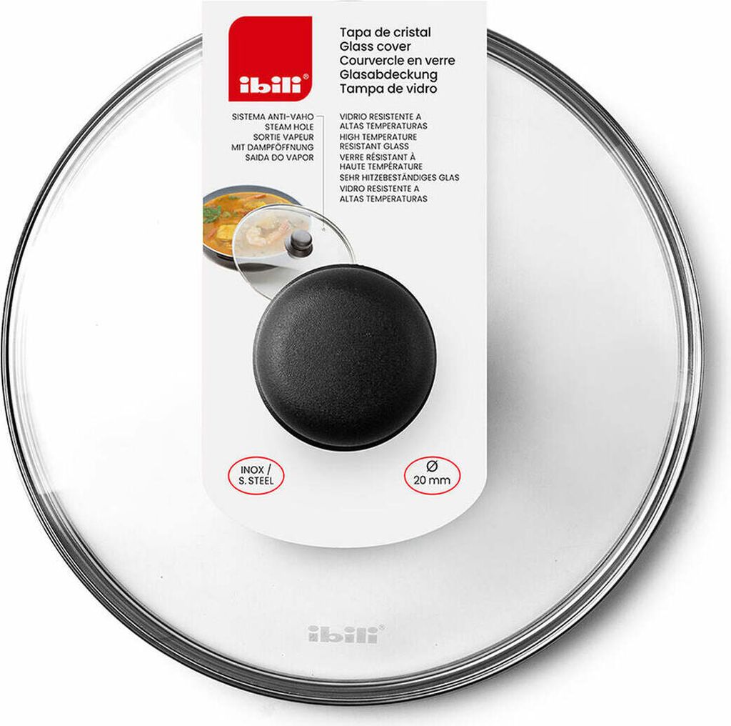 Ibili Glasdeckel 20 cm mit Dampfauslass und Edelstahlrand