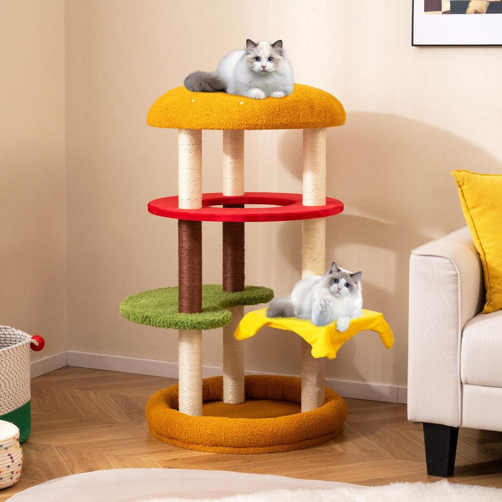 COSTWAY 106cm Kratzbaum, Hamburger-Thema, Katzenbaum mit Bett, Sisal-Kratzbrett&Plattformen, Kletterbaum weich, Katzenmöbel Katzenkratzbaum Holz, ...