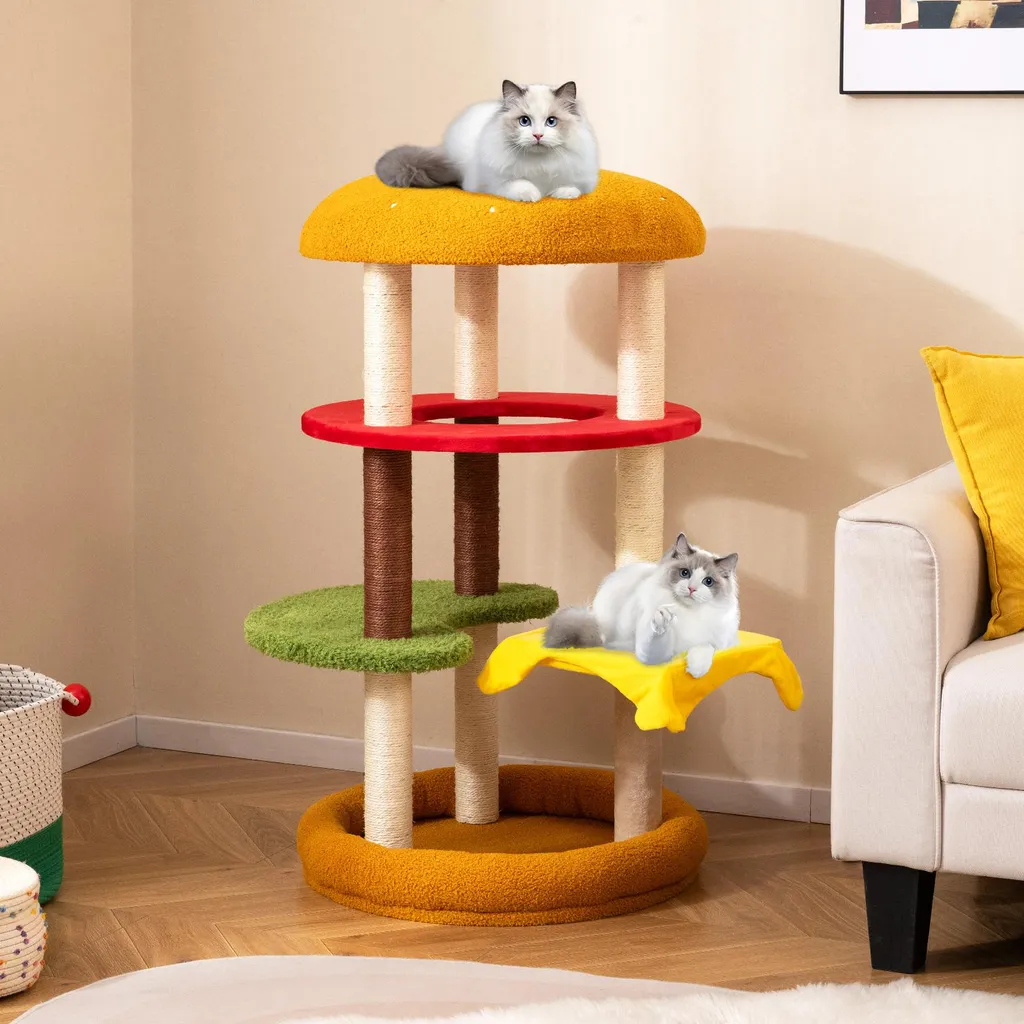 Mobilier pour chat en bois design Hamburger - Arbre à chat multicolore