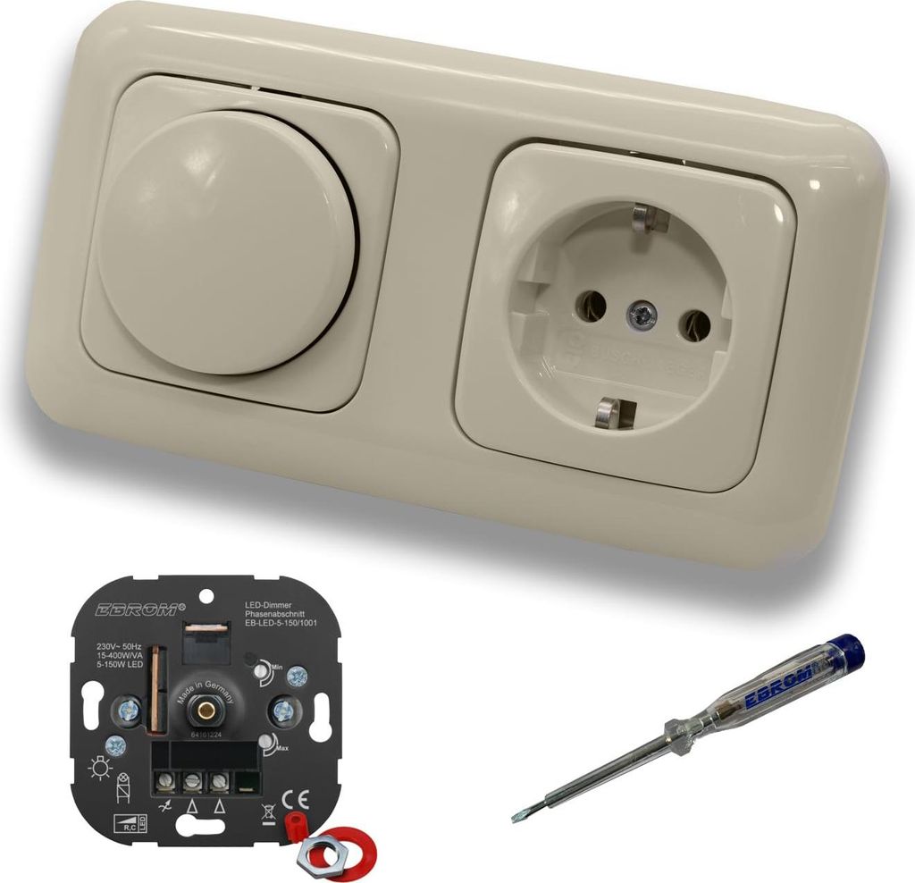 EBROM 1001 LED Drehdimmer Dimmer + Busch Jäger Dimmerscheibe 2115-212 und Steckdose mit Kinderschutz 20EUCKS-212 in DURO2000 cremeweiß glänzend ...