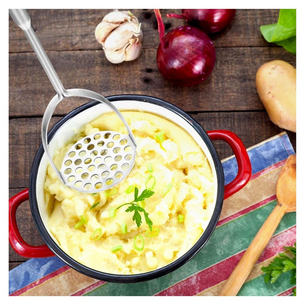 Edelstahl Kartoffelstampfer mit langem Griff für Gemüse und Obst, Küchenutensil für Haushalt und professionelle Küche, leicht zu reinigen