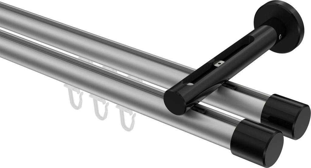 Interdeco Innenlaufstange / Gardinenstange mit Innenlauf Silbergrau / Schwarz, Typ Siteno Santo (Kappe), 20 mm Ø 2-läufig, 120 cm