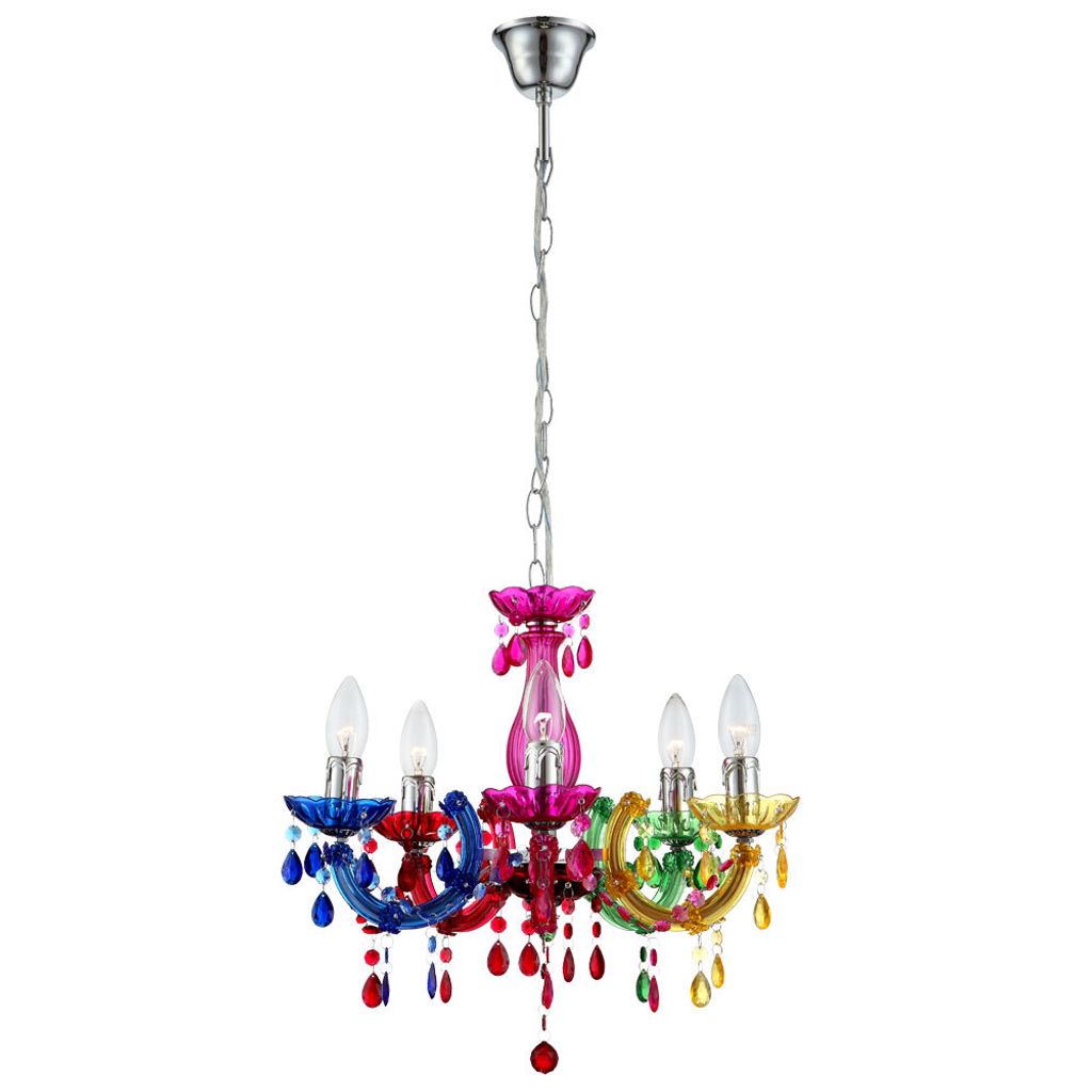 Kronleuchter, Lüster, Kristalle, bunt, 5-flammig, H 128 cm