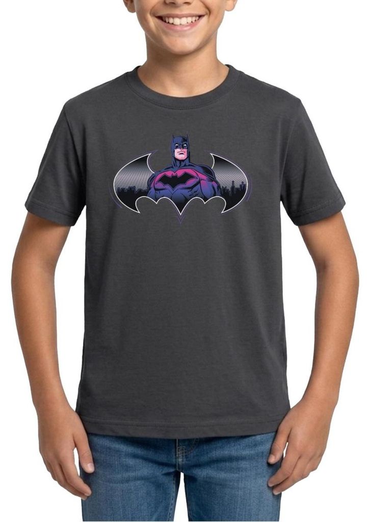 Spreadshirt Batman Cooles Design Mit Logo Und Pinkem Kostüm Teenager T-Shirt, 134/146 (9-11 Jahre), Dunkelgrau