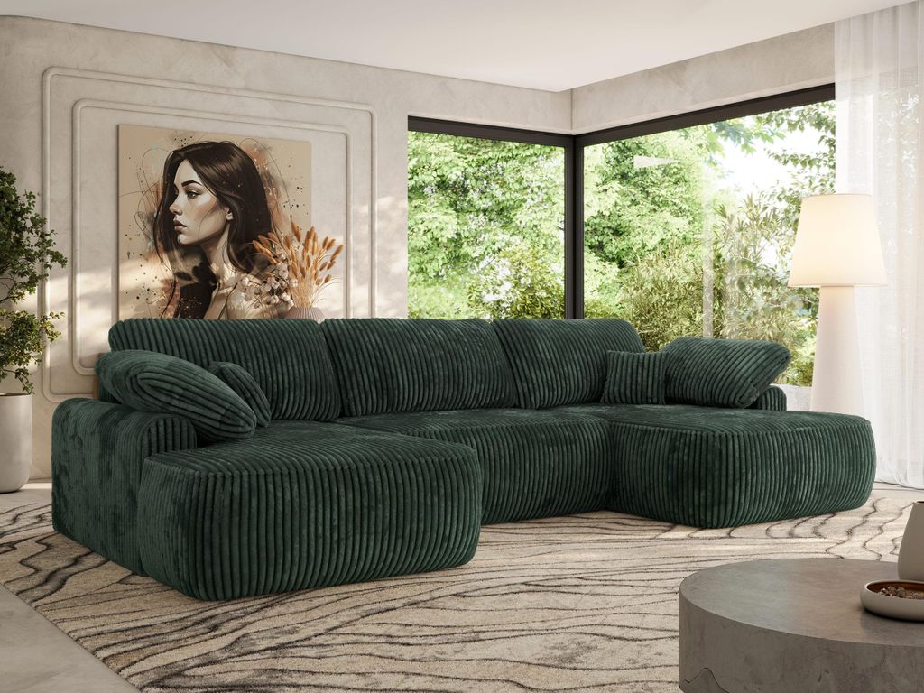 MKS MEBLE U-förmige Eckcouch, Wellenfeder, Ecksofa mit Schlaffunktion, Bettkasten und lose Kissen, 370x187x100cm - CUBO U - Grün Cord