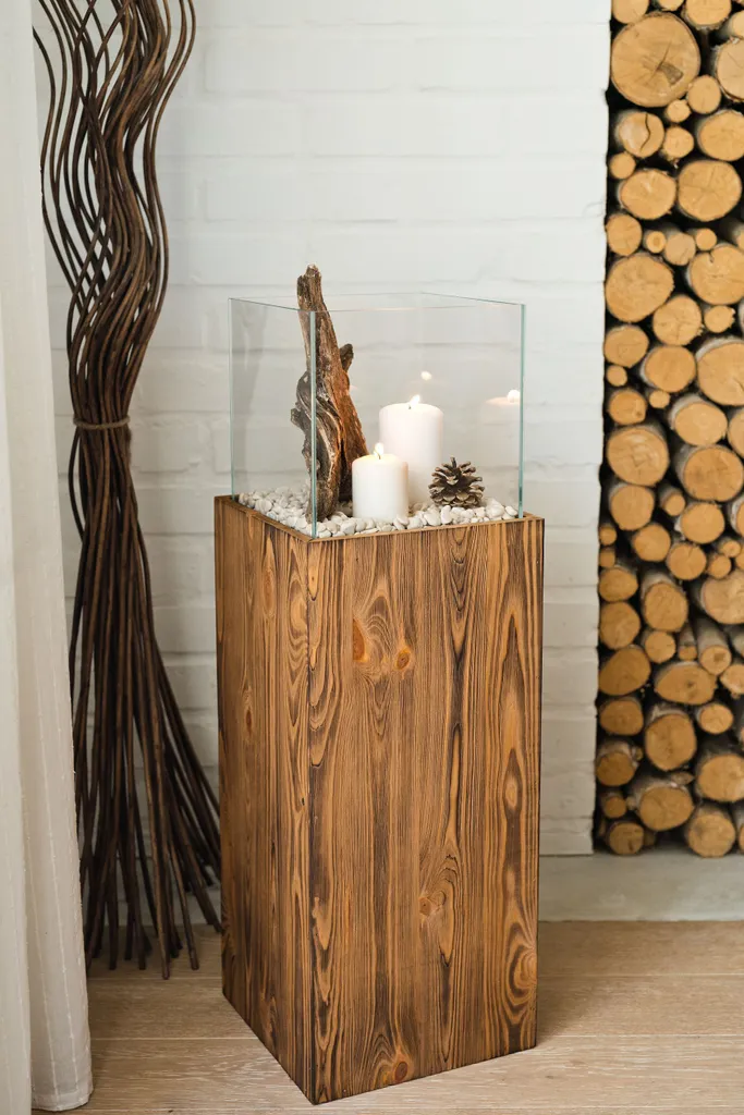 Bougeoir colonne en bois et verre noyer 80 cm pour salon et terrasse