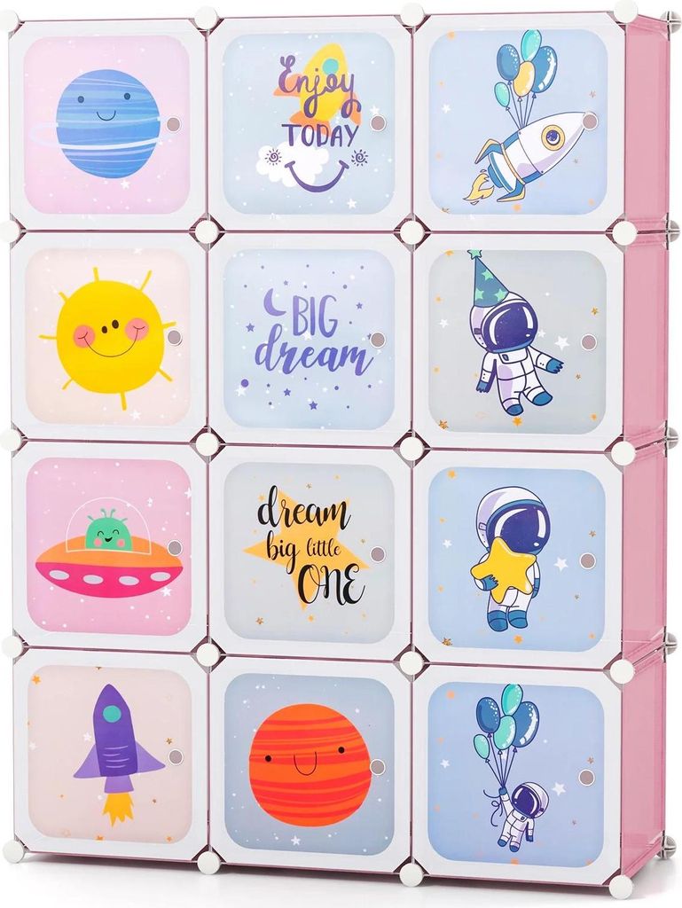 Kinderkleiderschrank - Modulares Kunststoff-Würfelregal mit Türen - 12 Fächer - 2 Kleiderstangen - Erweiterbar - Rosa