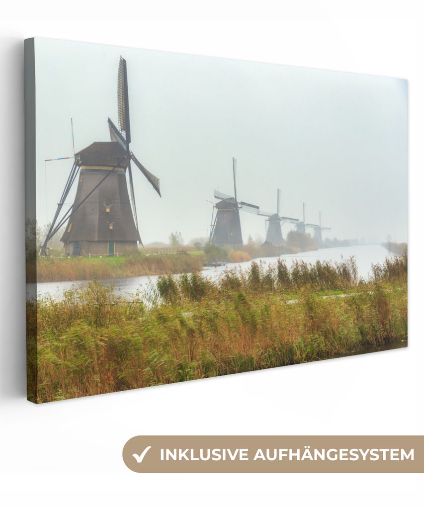 OneMillionCanvasses - Leinwandbilder - 140x90 cm, Die jahrhundertealten Mühlen von Kinderdijk in den Niederlanden, Wandbilder Kunstdruck Wanddek...
