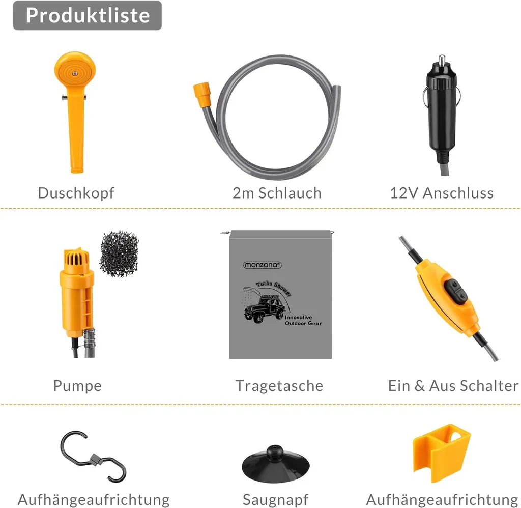 Douche de camping 12V à pression réglable et câble long de 5m pro