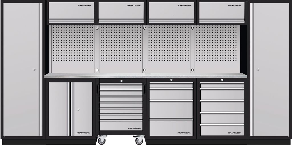 KRAFTWERK 3964K-HS745H-K4IX, Schwarz, Grau, 16 Regale, Bodenstehend, Werkzeuglagerung, 8 Tür(en), Drehtür