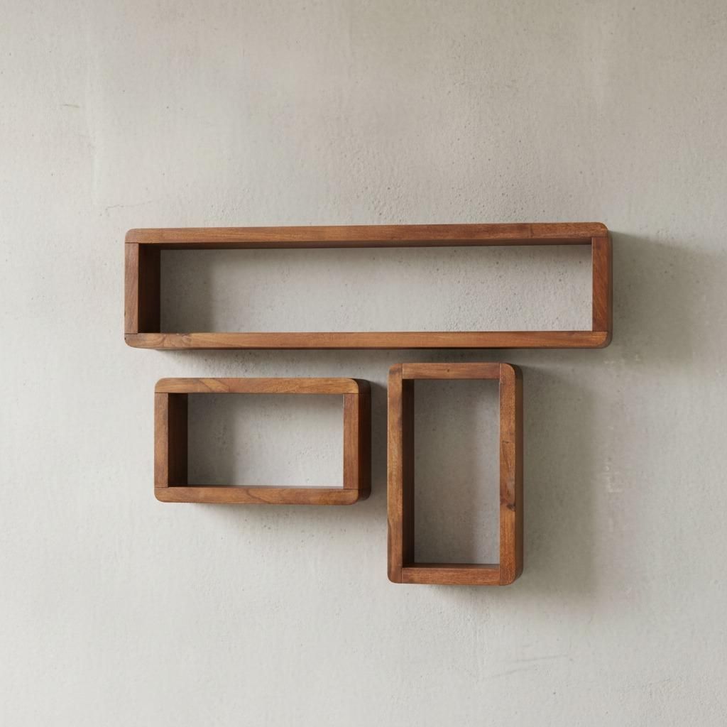 Wandregal Set "Teko Cubes": 3-teilig, abgerundete Ecken, hohe Belastbarkeit, Massivholz. Braun, 80x15x20 cm | Kadima Design