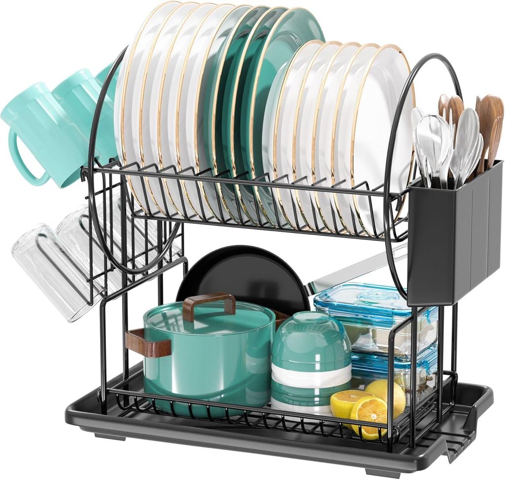 Geschirrständer - 2-Ebenen - Edelstahl - Mit Besteckhalter & Tropfschale - Schwarz - Wasserabfluss & Rostschutz