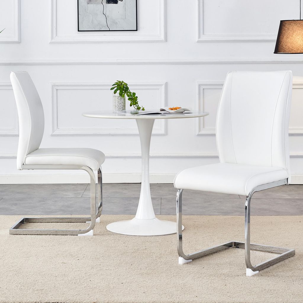 MODFU 2-teiliges Set Esszimmerstuhl mit silbernen Metallbeinen schlichtes Design Küchenstuhl ergonomisches Weiß+Silber