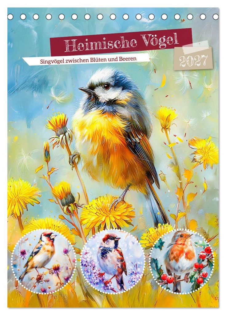 Heimische Vögel - Singvögel zwischen Blüten und Beeren (Tischkalender 2027 DIN A5 hoch), CALVENDO Monatskalender