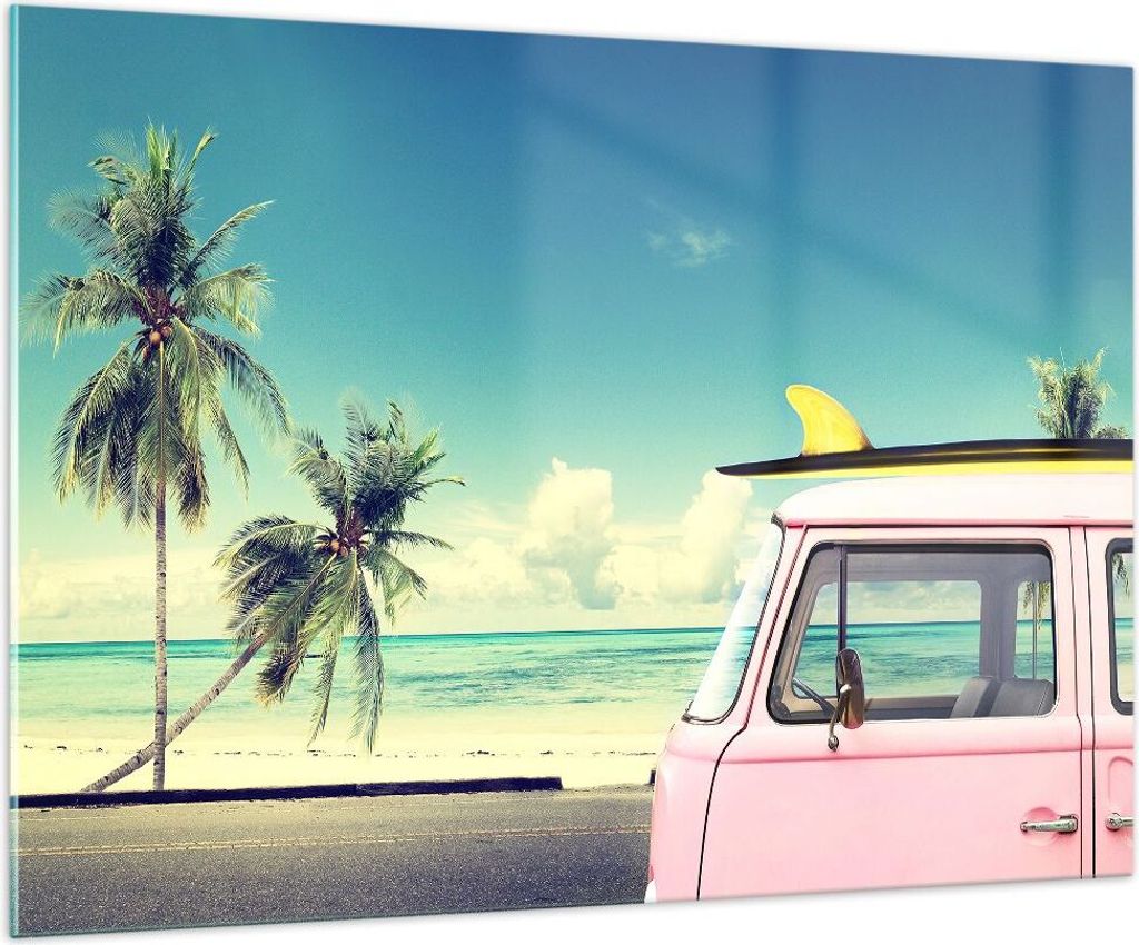 Bilder auf glas - Auto Surfbrett Strand Ozean - 100x70cm - Glasbilder - Wandbilder - Kunstdruck - zum Aufhängen bereit - Wanddekoration aus Glas -...