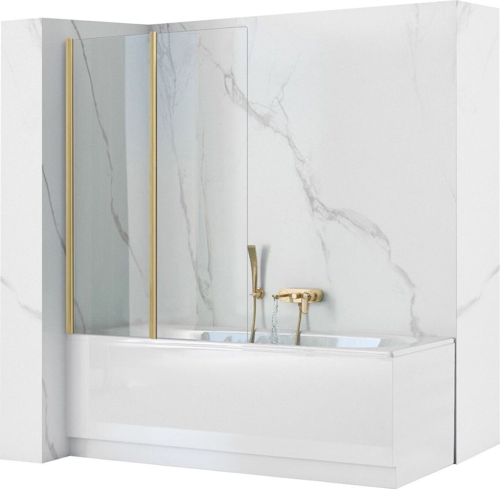 A modern bathtub with a glass shower screen and gold fixtures.