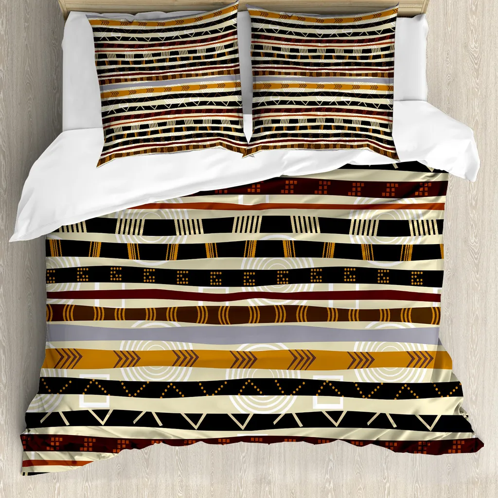 ABAKUHAUS Set copripiumino tribale per letti matrimoniali, stile etnico africano Trippy, antiacaro, adatto a chi soffre di allergie, con federe, marrone crema nero