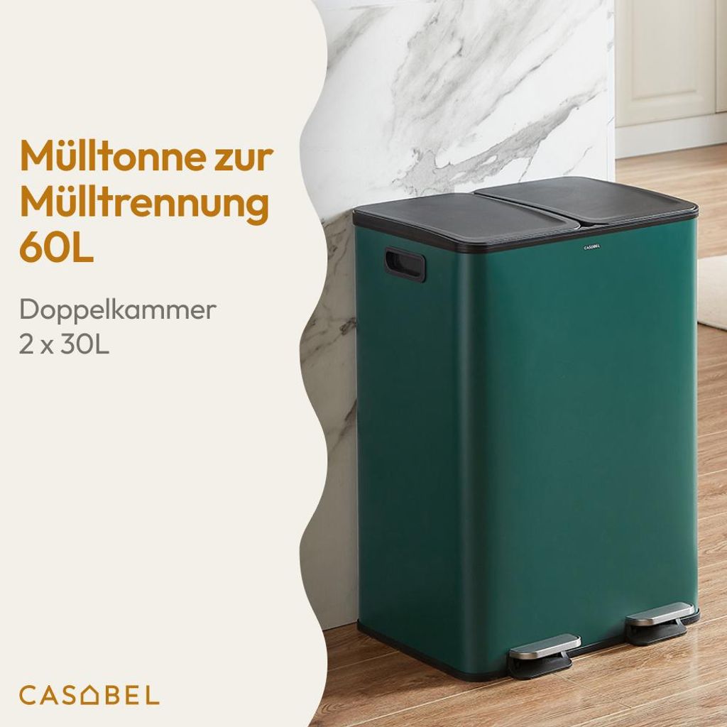CASABEL Mülleimer Küche Mülltrennung 60L, 2x30L Doppelkammer mit Pedal, Edelstahl Dunkelgrün, Abfalleimer Küche 2 Fächer, Doppelmülleimer, G...