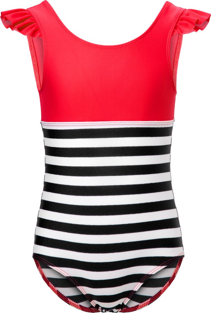 Mädchen Badeanzug schnelltrocknend einteilig UV 50 MS10-443 (Rot/Schwarz/Streifen, 104)