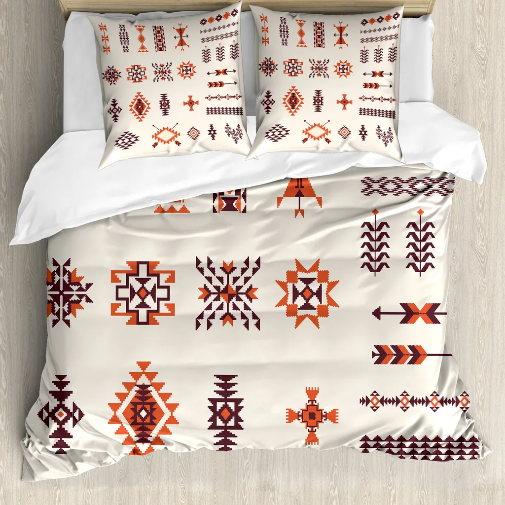 ABAKUHAUS Set copripiumino locale per letti matrimoniali, motivo azteco, antiacaro, adatto a chi soffre di allergie, con federe, arancione e marrone