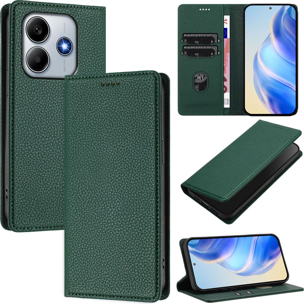 Litchi Leder Handyhülle für Xiaomi Redmi Note 14 4G Wallet Kartenfächer Standfunktion Hülle Grün