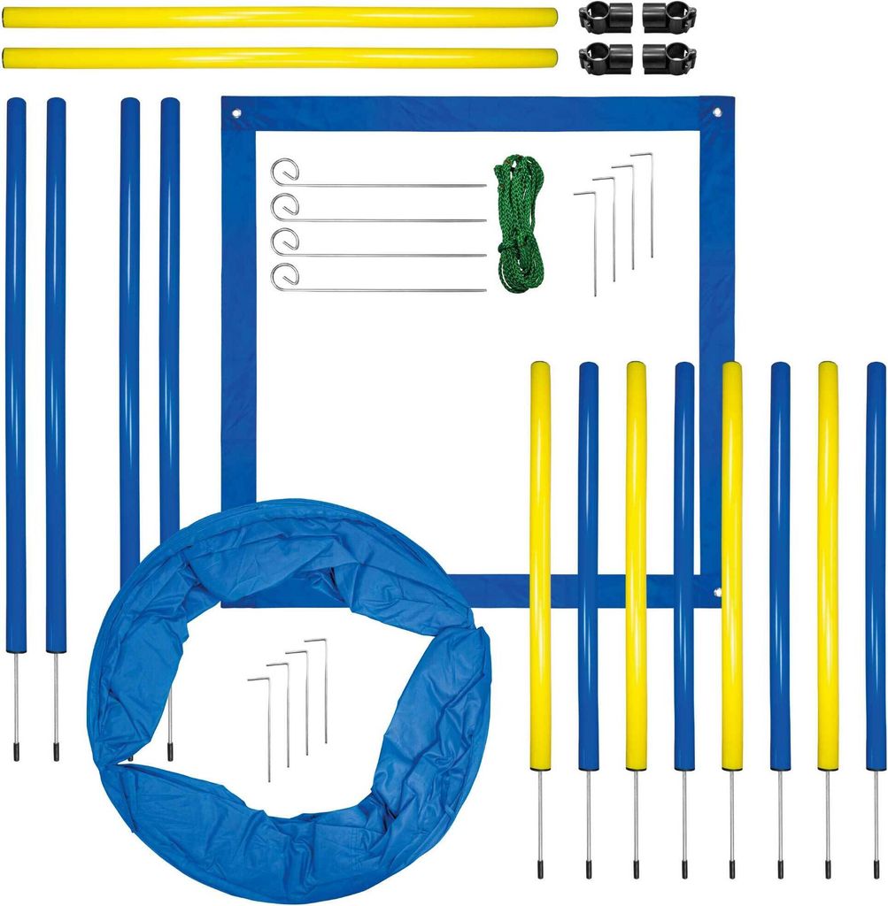Dog Agility Set groß mit Startfeld, Slalomstangen, Hürden, Tunnel und Tasche